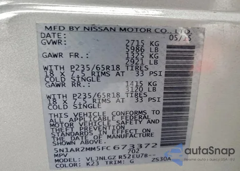 2015 Nissan Pathfinder S из США, поврежденный, VIN 5N1AR2MM5FC673372